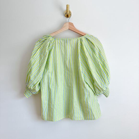 Sanctuary V-Neck Striped Puff 3/4 Sleeve Poplin Blouse Green L - Picture 5 of 9